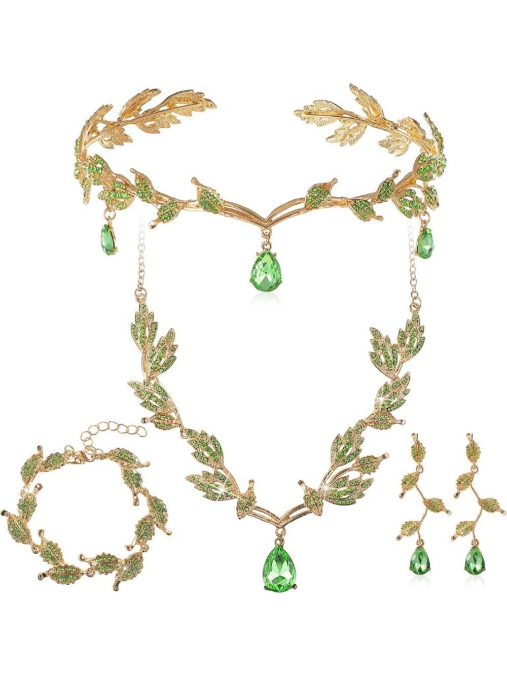 Elegant Rhinestone Wedding Jewelry Set - Leaf Tiara, Necklace, Earrings